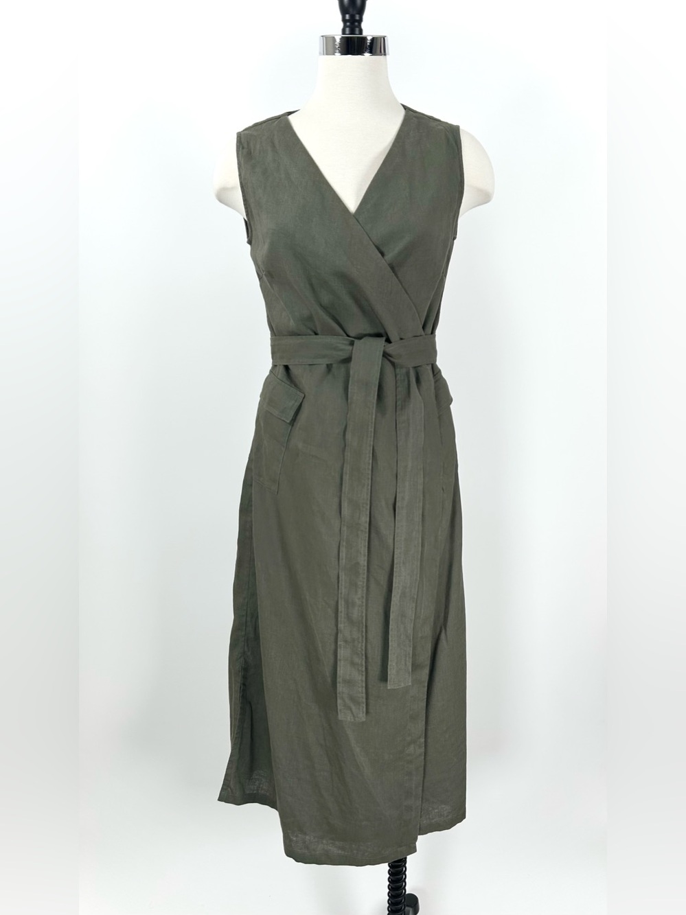 Luxmii Linen Safari Wrap Dress Women XS Green Fatigue Olive Sleeveless Tie Waist